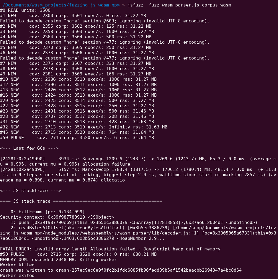 jsfuzz crash nodejs npm package wasm webassembly