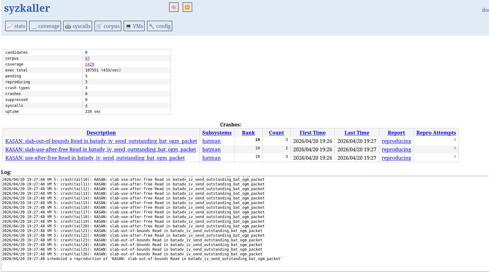 Syzkaller crash report for the integer overflow in batadv_iv_ogm_send_to_if