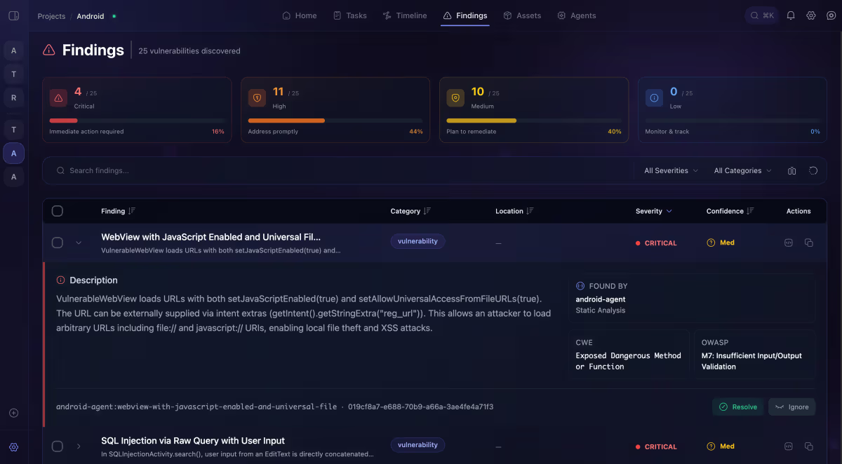 The FuzzForge platform: a findings dashboard listing discovered vulnerabilities with severity, category and confidence
